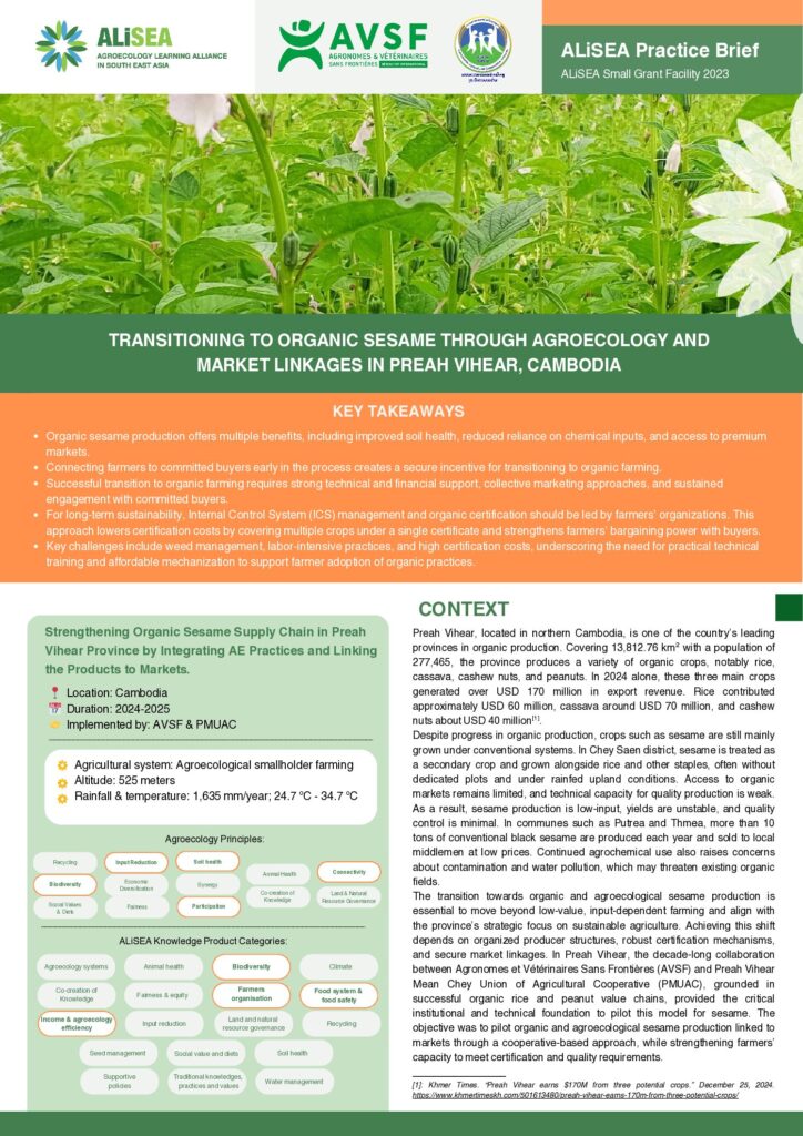 Transitioning to Organic Sesame through Agroecology and Market Linkages in Preah Vihear, Cambodia